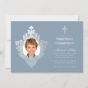 Convites Menino da Primeira Comunhão Foto Azul Poeira Faux 