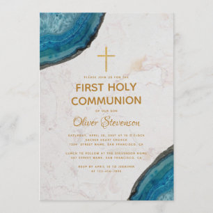 Convites Menino da Primeira Comunhão Geodo Azul Mármore Cru