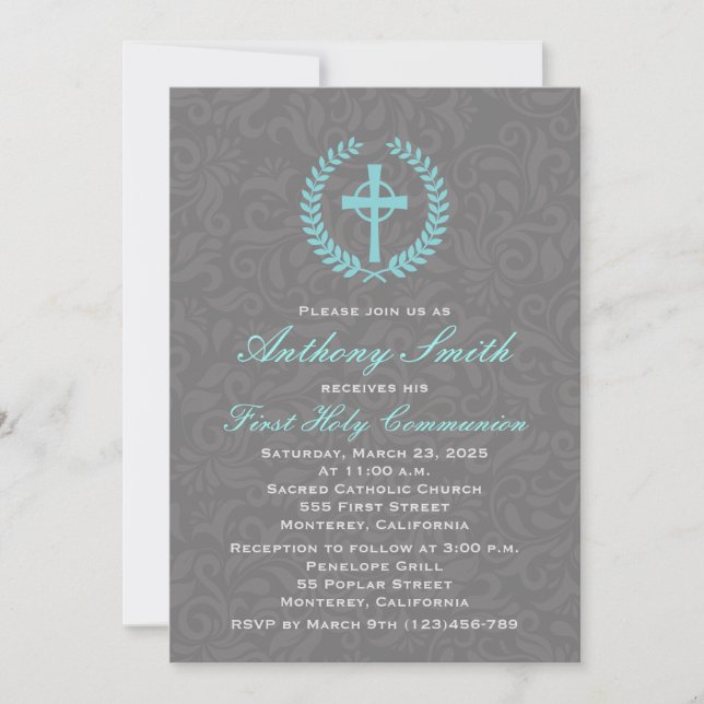 Convites Menino Damask First Community Invitation with Cros (Frente)