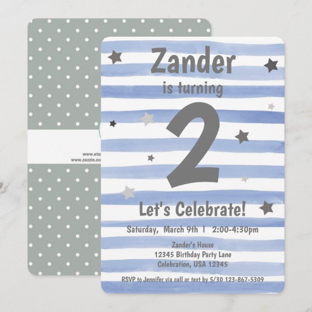 Convites menino de 1º aniversário estrela azul (Frente/Verso)