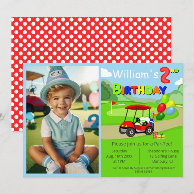Convites Menino de 2 anos de idade com carrinho de golfe ve (Frente/Verso)