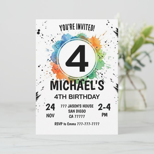 Convites Menino de 4 Anos de Splash de Aquarela (Em pé/Frente)