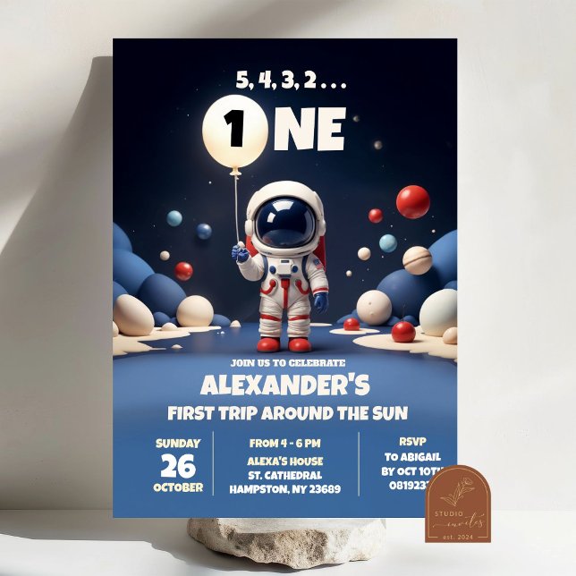 Convites Menino de Aniversário de Um Ano Astronauta Azul no (Criador carregado)