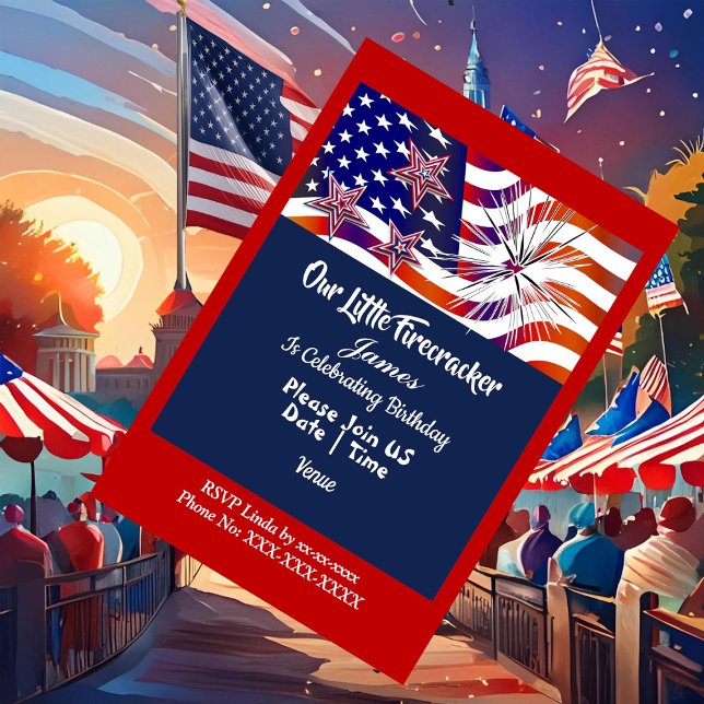 Convites Menino de Aniversário Patriota com Bandeira Americ (Patriotic American Flag Firecracker Birthday Boy Invitation)
