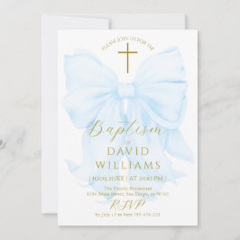 Convites Menino de Arco Dourado e Azul Batismo Elegante Dig