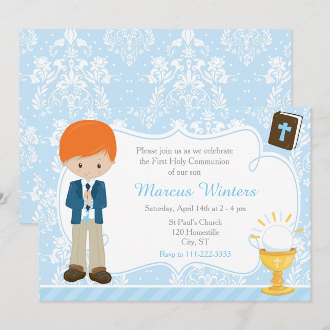 Convites Menino de Cabeça Vermelha Primeira Comunhão Damask (Frente/Verso)