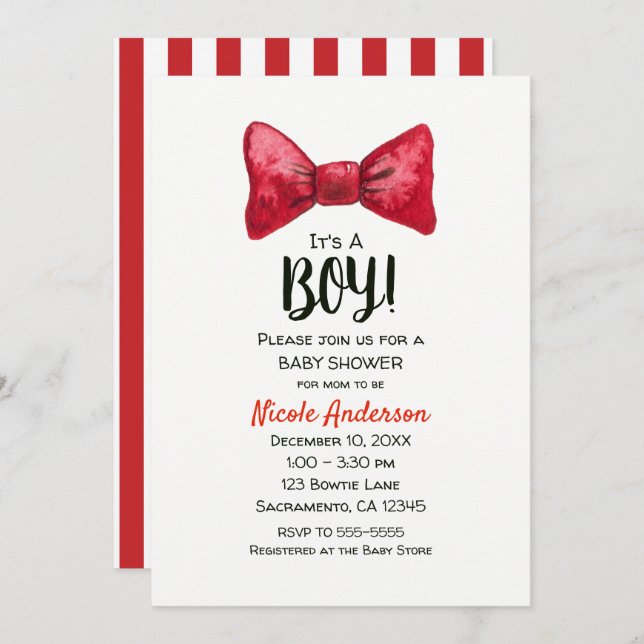 Convites Menino de Gravata Borboleta Vermelha Festa de Bebê (Frente/Verso)