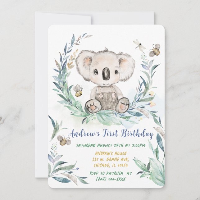 Convites Menino de Koala Personalizado Primeiro Aniversário (Frente)