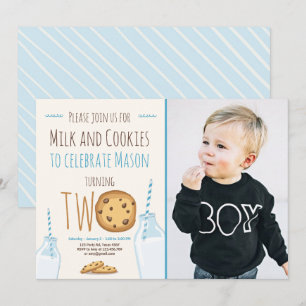 Convites Menino de Leite e Cookies Azul Segundo Aniversári