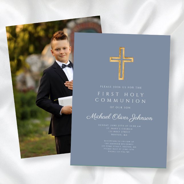 Convites Menino de Primeira Comunhão com Cruz Azul Empoeira (Dusty Blue Cross Photo Boy First Communion Invitation)