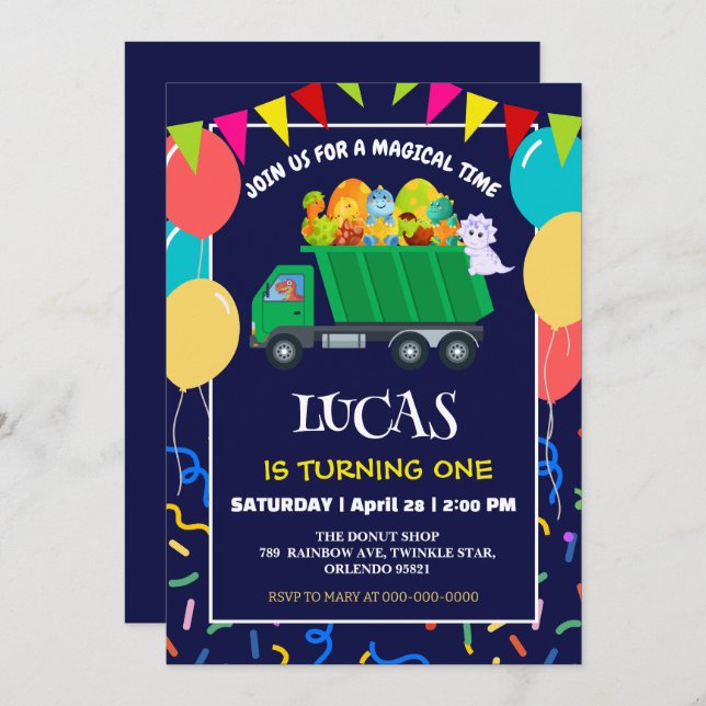 Convites Menino do aniversário do Lixo Verde do Dinossaur (Frente/Verso)