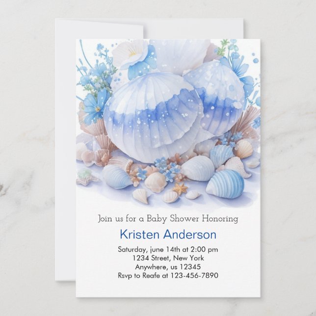 Convites Menino do Mar de Conchas Azuis Paradisíacas - Chás (Frente)