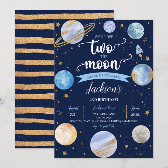 Convites Menino Dois, O Aniversário Do Espaço Da Lua (Frente/Verso)