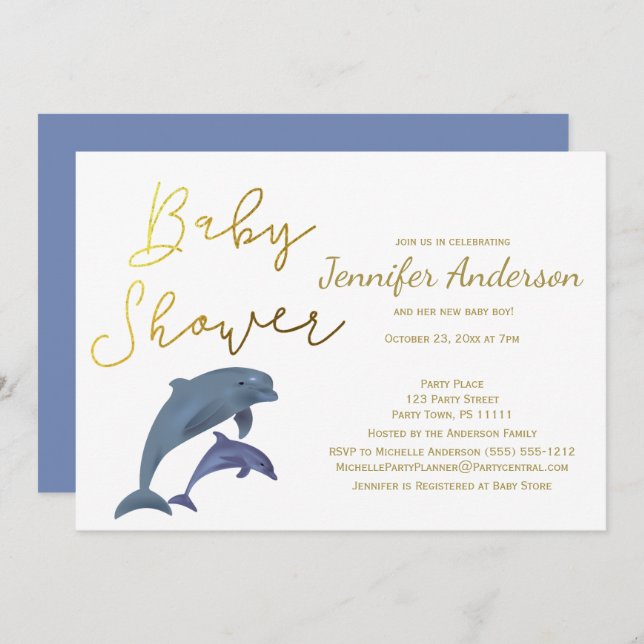 Convites Menino Dolphin Boy ou Chá de fraldas de Menina (Frente/Verso)