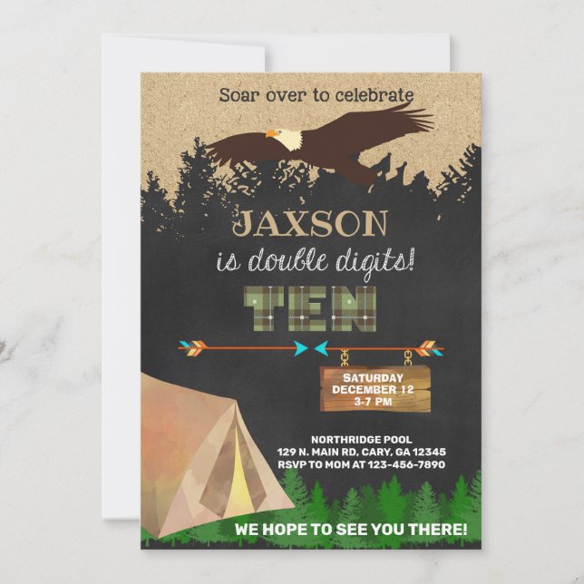 Convites Menino duplo, 10º bday acampando águia. (Frente)
