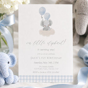 Convites Menino Elefante Xadrez Azul Primeiro Aniversário