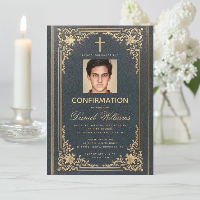 Convites Menino Elegante da Foto Azul Dourada Vintage Confi (Criador carregado)