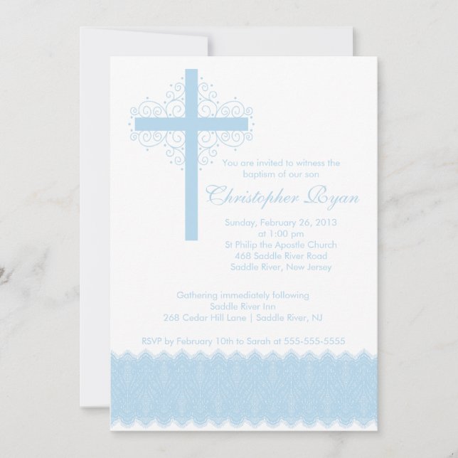 Convites Menino Elegante Lace Baptism| Cruz de Natal (Frente)