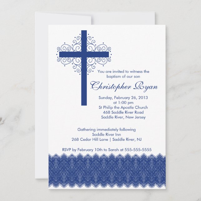 Convites Menino Elegante Lace Baptism| Cruz de Natal (Frente)