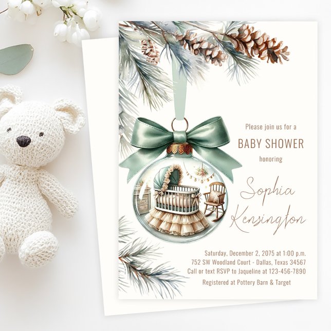 Convites Menino Enfeite de Natal Árvore de Natal Festa de B (Boy's Christmas tree ornament baby shower invitation with glass ornament with sweet nursery  scene.)