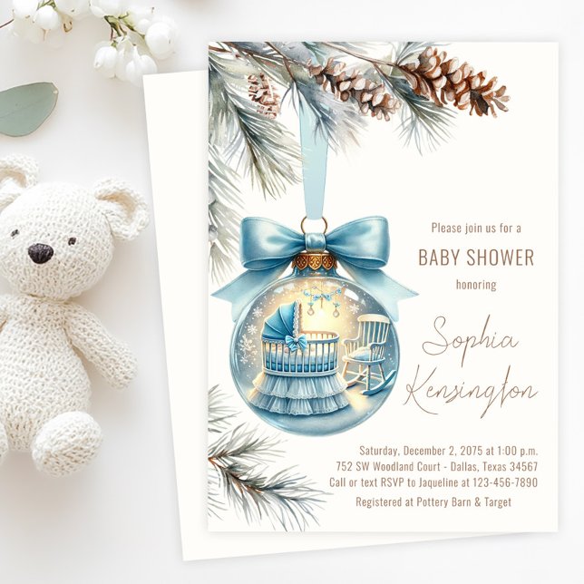 Convites Menino Enfeite de Natal Chá de Bebê de Inverno (Boy Christmas tree ornament baby shower invitation with sweet nursery scene and pine boughs.)