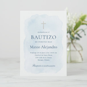 Convites Menino Espanhol Batismo Aquarela Azul Elegante