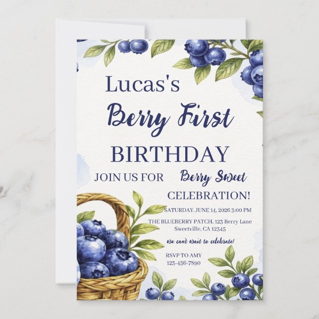 Convites Menino Faz 1 Ano Aniversário de Blueberry (Frente)