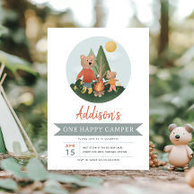 Menino Floresta Um Feliz Acampador Urso Aniversári