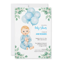 Menino fofo balões azuis eucalipto moderno 