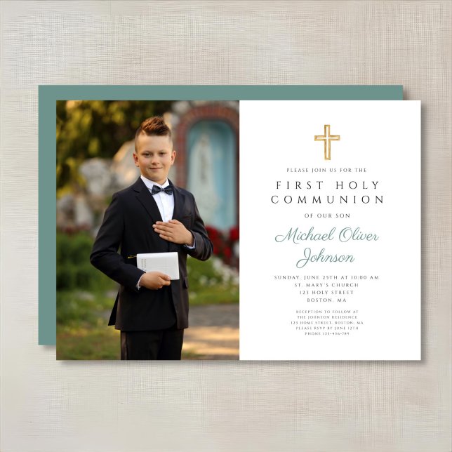 Convites Menino Foto Cruz Verde Elegante Primeira Comunhão  (Elegant Green Cross Photo Boy First Communion Invitation)