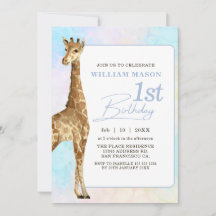 Menino Girafa Fofo Aniversário de 1 Ano Azul