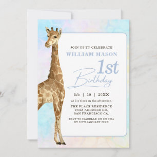 Convites Menino Girafa Fofo Aniversário de 1 Ano Azul