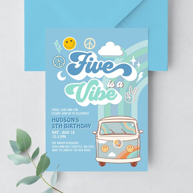 Convites Menino Groovy Van Arco-íris Cinco é Uma Vibração 5 (Criador carregado)