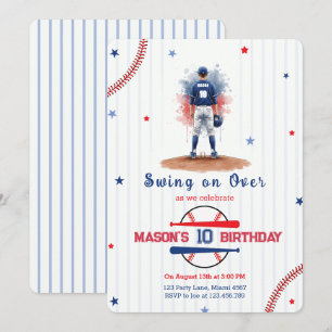 Convites Menino Jogador de Beisebol Aquarela 10º Aniversári
