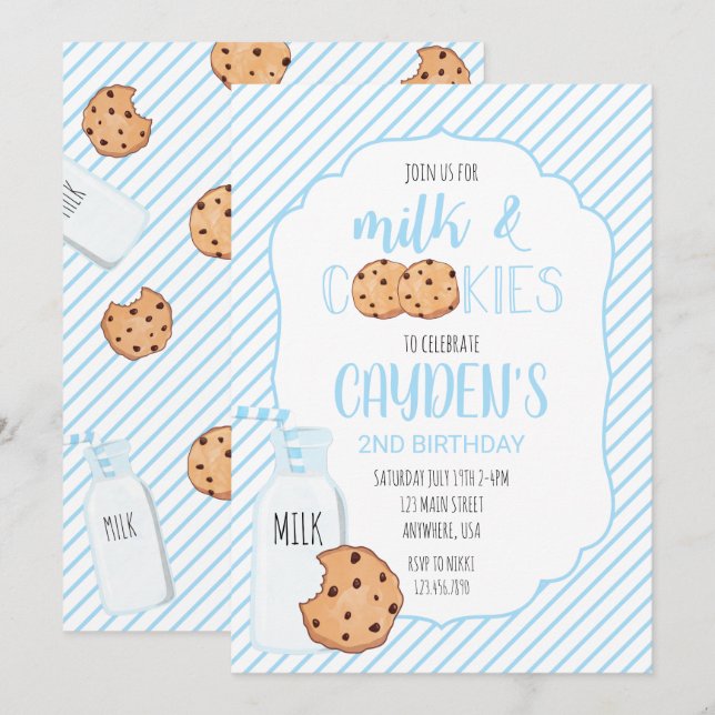 Convites Menino Leite e Biscoitos azul Aniversário (Frente/Verso)