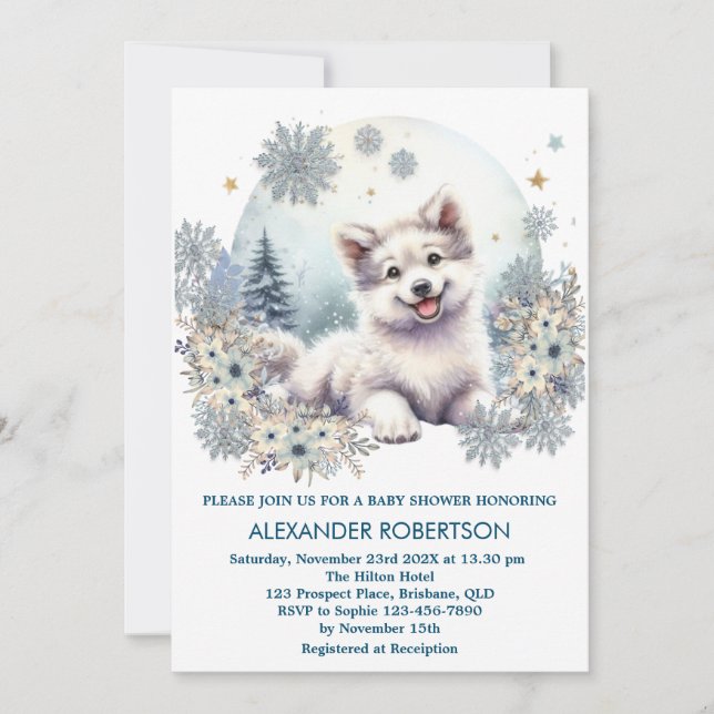 Convites Menino lobo fofo com tema de floresta de inverno e (Frente)