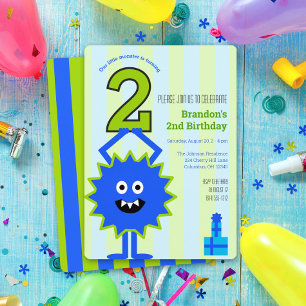 Convites Menino Monstrinho 2º Aniversário Listras Azuis e V