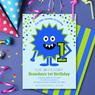 Convites Menino Monstro Azul 1º Aniversário Divertido Fofo