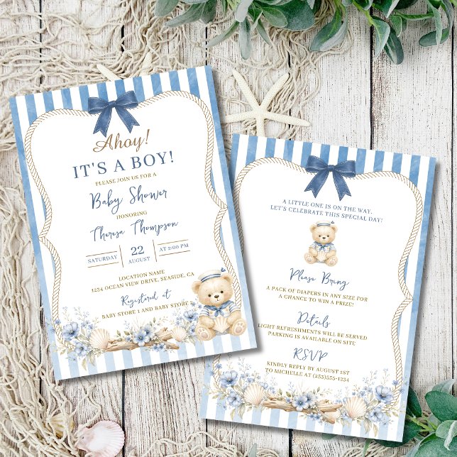 Convites Menino Náutico Azul Urso Marinheiro Chá de Bebê (Nautical Boy Blue Sailor Bear Baby Shower Invitation)
