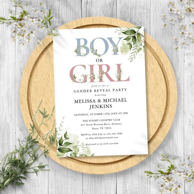Convites Menino ou Menina Greenerescência - Letra Gênero Re (Boy Or Girl Greenery Letter Gender Reveal Party Invitation)