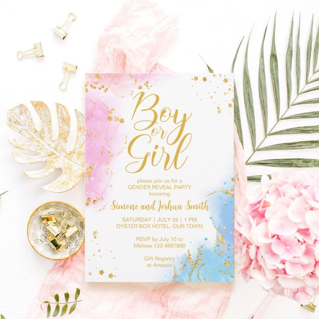 Convites Menino ou menina rosa e ouro azul revelam (Criador carregado)
