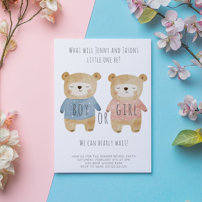 Convites Menino ou Menina Sexo Revela Ursos adoráveis (Cute sleepy boy and girl bears in pink and blue gender reveal invitation card.)