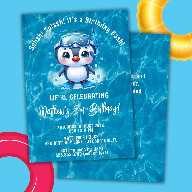 Convites Menino Pinguim na Piscina Festa de Aniversário Spl (Criador carregado)