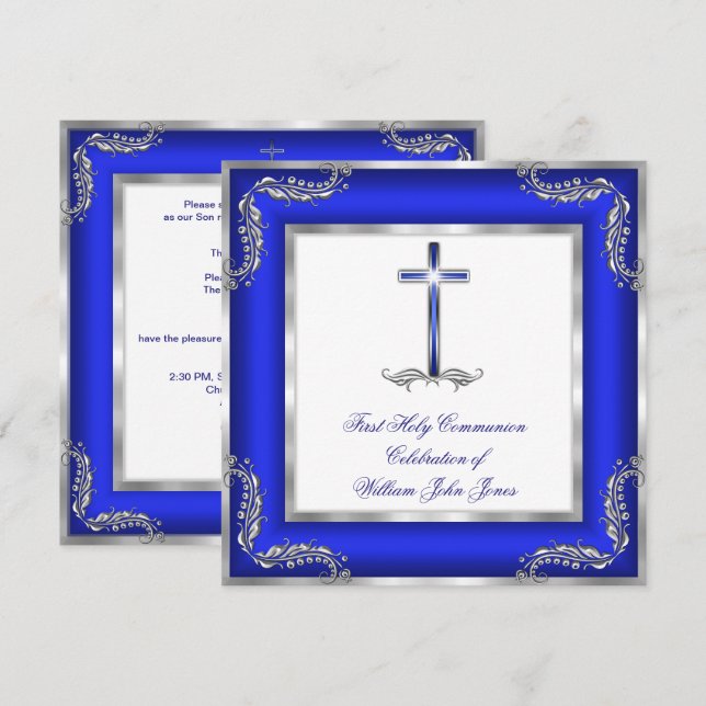 Convites Menino Primeira Comunhão Azul Real Prata Branco (Frente/Verso)