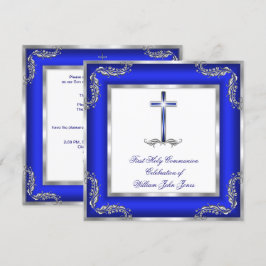 Convites Menino Primeira Comunhão Azul Real Prata Branco