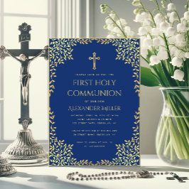 Convites Menino Primeira Comunhão Azul Royal Folhas Dourada