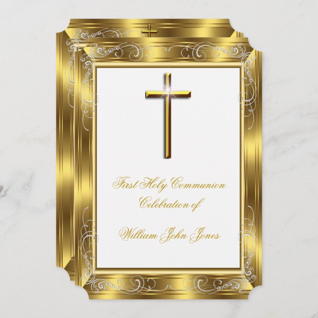 Convites Menino Primeira Comunhão Dourada Cruz Branca 2 (Frente/Verso)