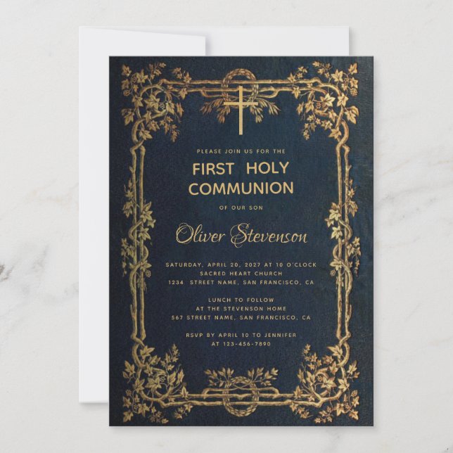 Convites Menino Primeira Comunhão Folhas Douradas Azuis Vin (Frente)