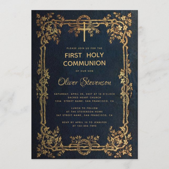 Convites Menino Primeira Comunhão Folhas Douradas Azuis Vin (Frente)