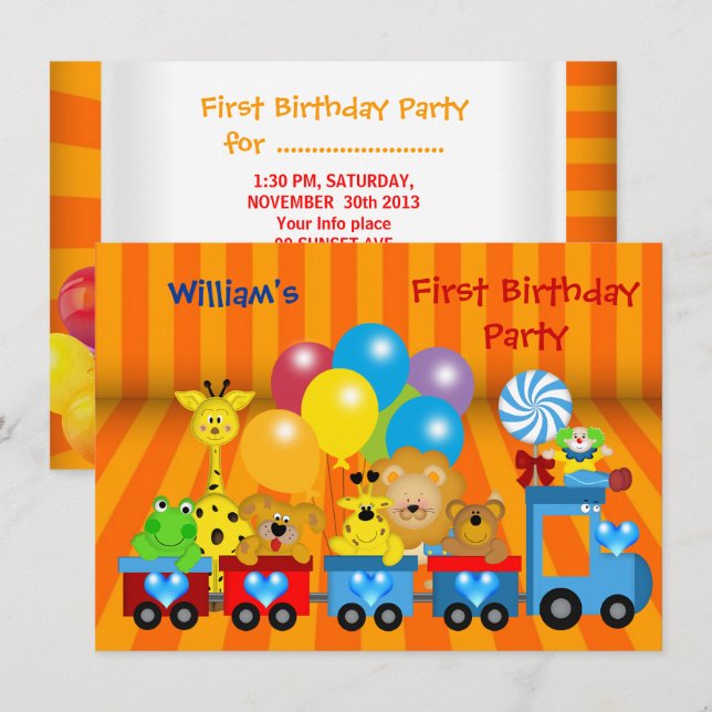 Convites Menino Primeiro Aniversário Festa de 11ruas do Zoo (Frente/Verso)